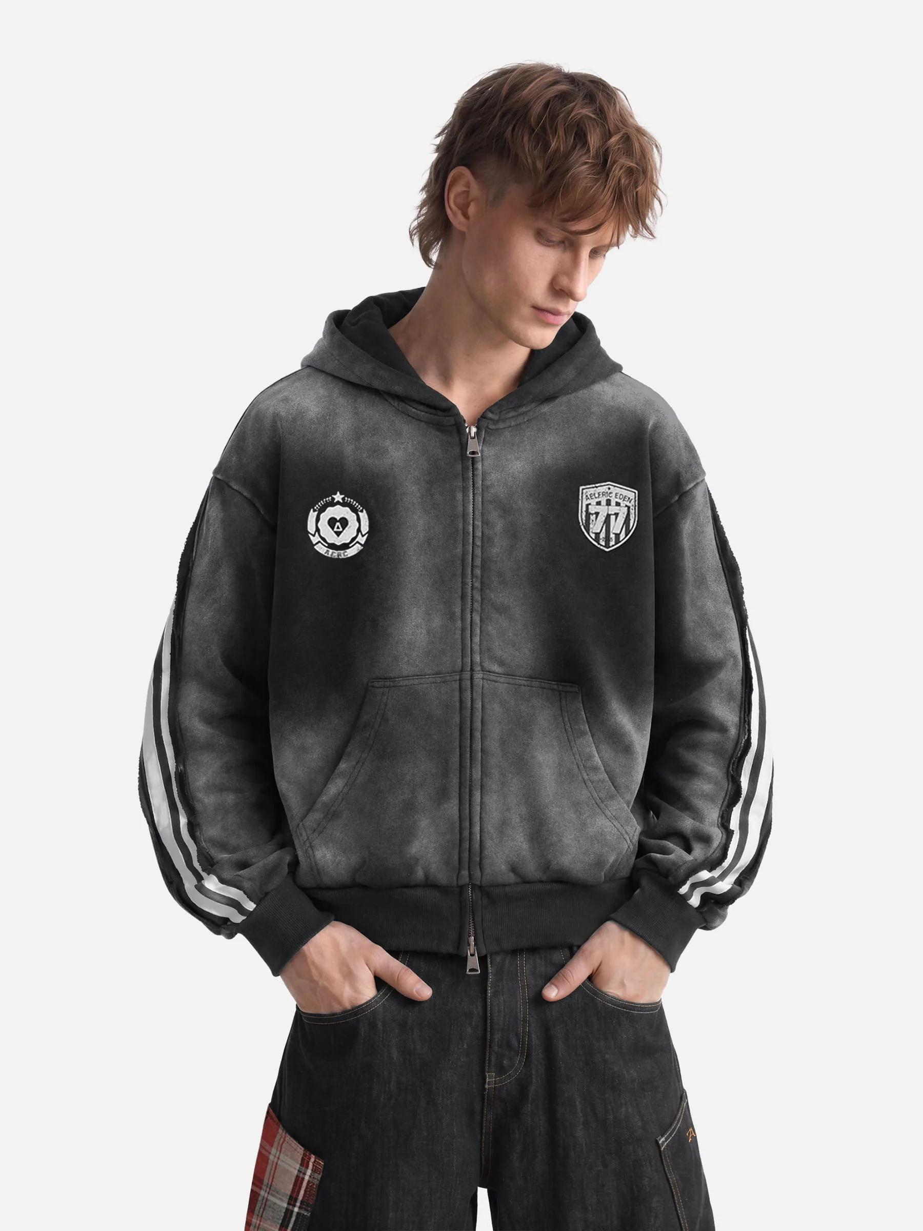 Aelfric Eden Boxy fit 77 Stripe Zip Hoodie – Acid Wash - Image 4